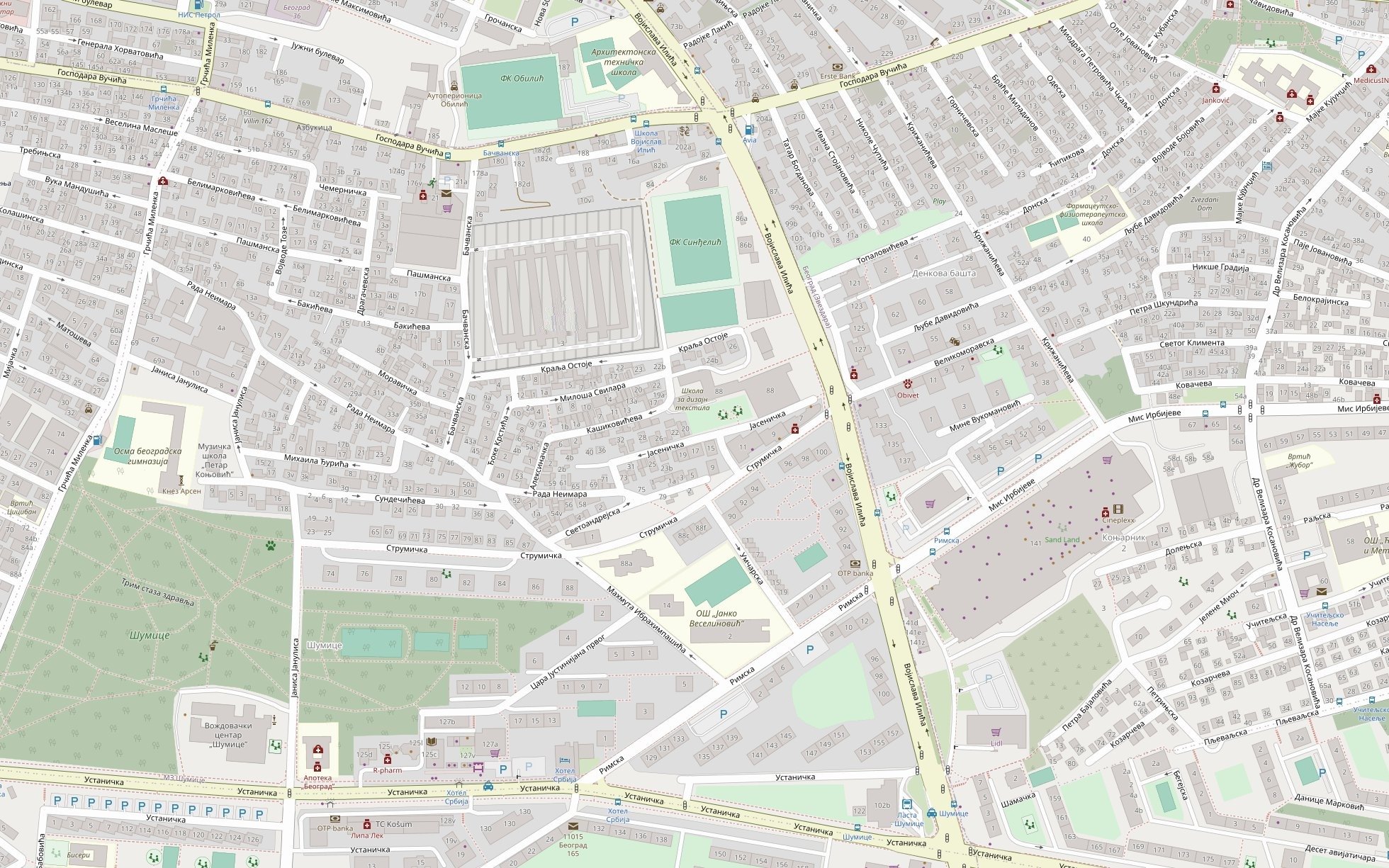 Mapa naselja Šumice oko Gornjomilanovačke ulice